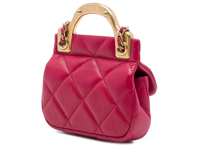 Portacarte Lady Chanel in vitello matelassé rosa con manico superiore e catena - vista 2