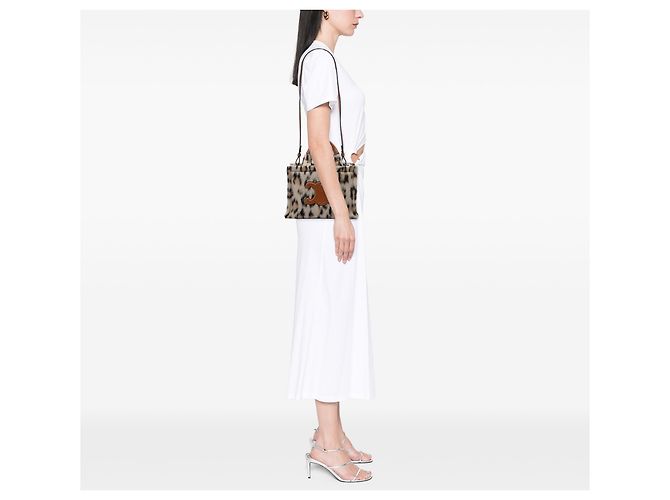 Céline Celine Beige Small Leopard Print Felt Cuir Triomphe Cabas Thais Satchel - vista 5