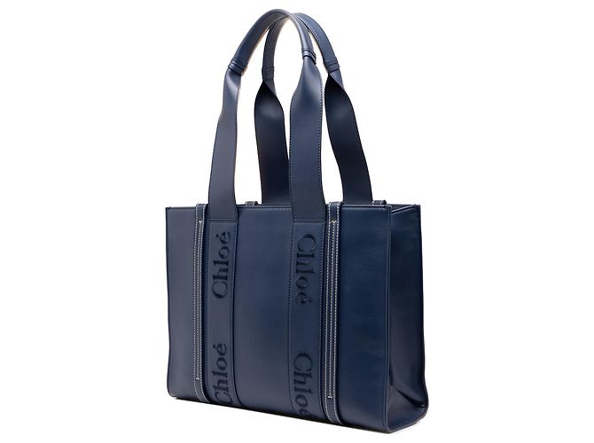 Sac Cabas Woody Chloé Bleu Medium en cuir de veau - vue 2