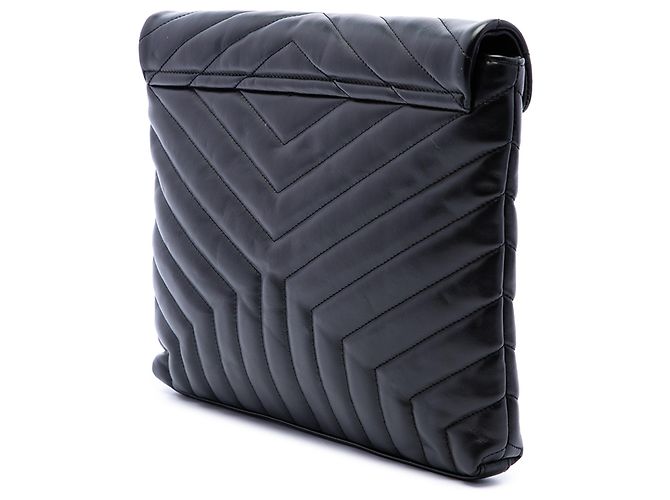 Autre Marque Saint Laurent LouLou Document Clutch aus schwarzem gestepptem Kalbsleder mit Monogramm - Ansicht 2