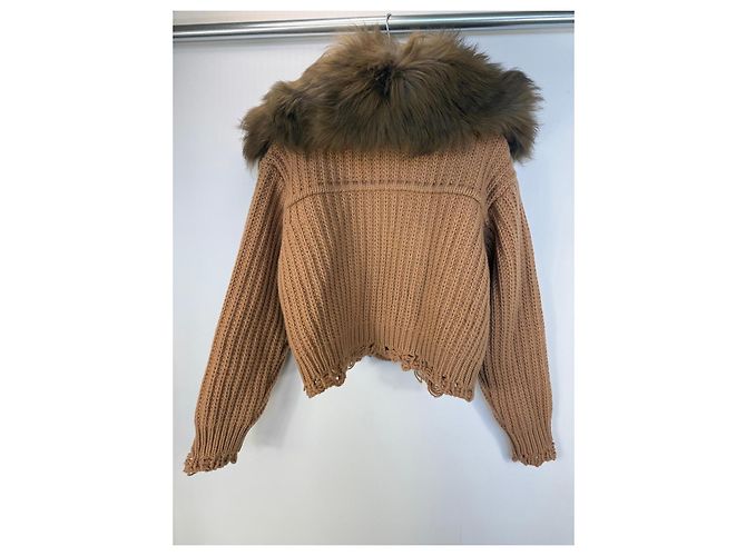Blumarine Cardigã marrom em lã e cashmere com gola de pele - vista 2