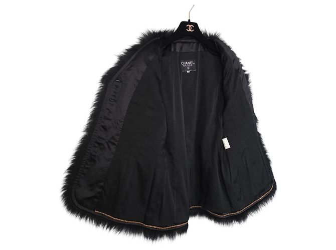 Chanel Schwarze Wolljacke mit Pelzbesatz - Ansicht 7