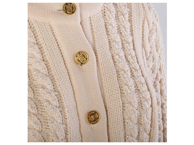 Cambon Cardigã de lã com tramas em relevo e pérolas Chanel Ivory - vista 4