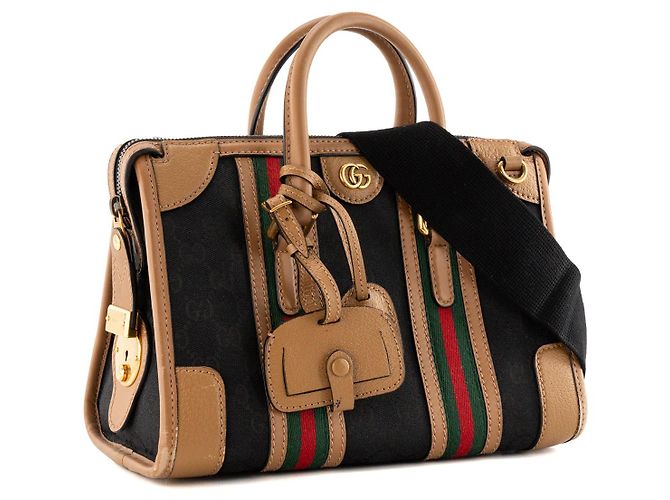 GUCCI - Gucci Bauletto Schultertasche aus schwarzem monogrammiertem Canvas und braunem Leder - Ansicht 2