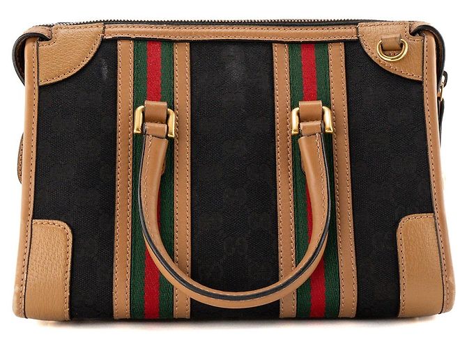 GUCCI - Gucci Bauletto Schultertasche aus schwarzem monogrammiertem Canvas und braunem Leder - Ansicht 3