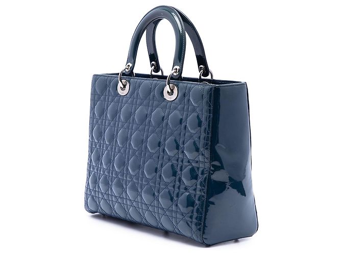 Borsa Lady Dior Large in pelle verniciata Cannage Blu - vista 2