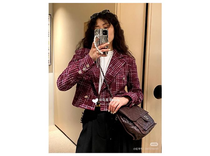 Chanel 23S Tweed Jacket Wine Red Check - view 6