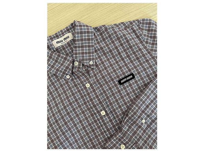 Top Miu Miu in cotone con motivo a quadri e logo ricamato - vista 4