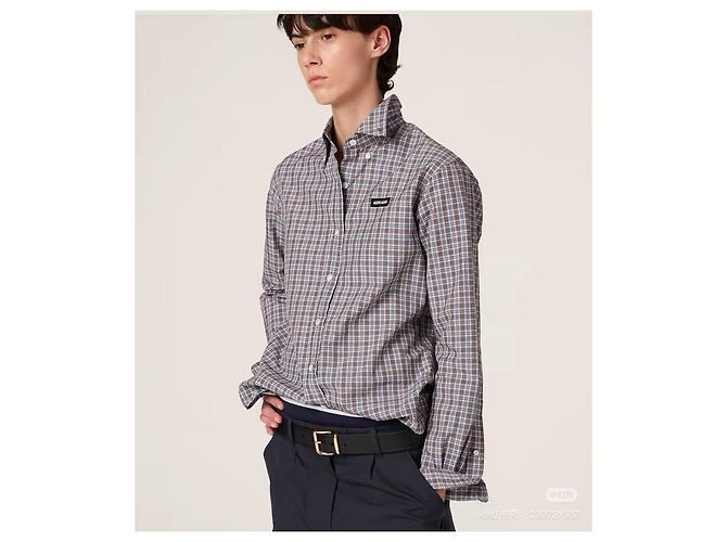 Top Miu Miu in cotone con motivo a quadri e logo ricamato - vista 7