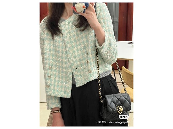 Casaco Chanel 23S de Tweed Xadrez Verde Menta - vista 6
