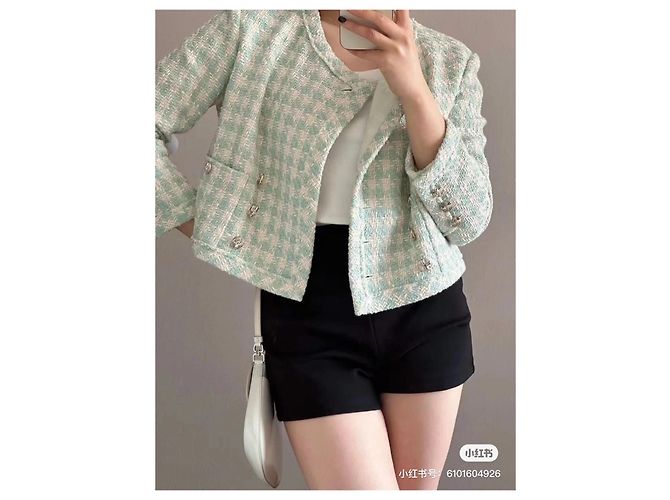 Casaco Chanel 23S de Tweed Xadrez Verde Menta - vista 8