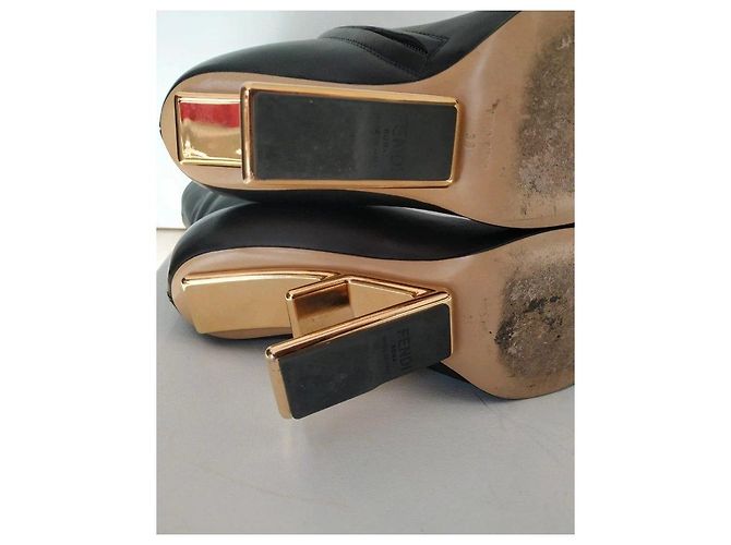 Fendi black leather ankle boots with gold heel. - view 11