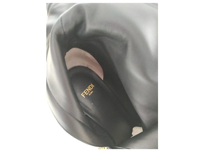 Fendi black leather ankle boots with gold heel. - view 12