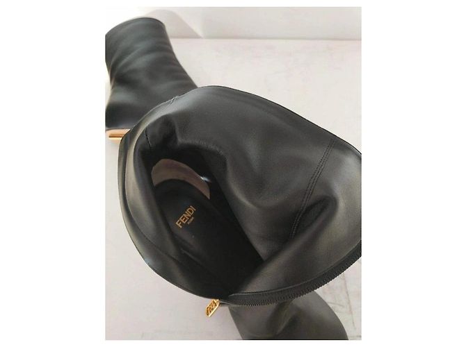 Fendi black leather ankle boots with gold heel. - view 14