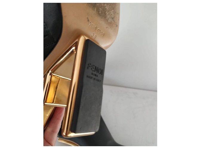 Fendi black leather ankle boots with gold heel. - view 9