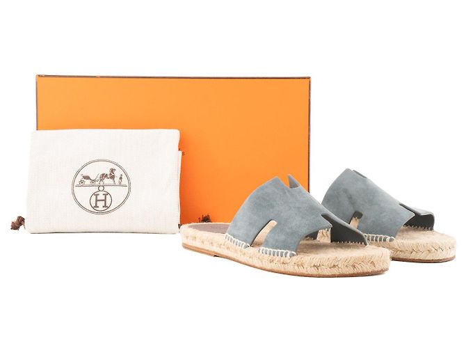 HERMÈS - Sandali Hermès Antigua in camoscio grigio e rafia (T40) - vista 6