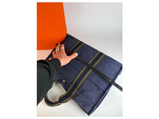 Sac cabas vintage Hermès Canvas Navy Olive Green - vue 10