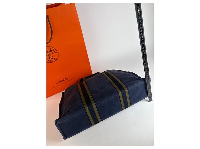 Sac cabas vintage Hermès Canvas Navy Olive Green - vue 12