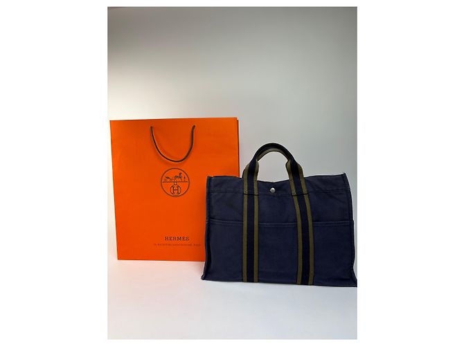 Sac cabas vintage Hermès Canvas Navy Olive Green - vue 13