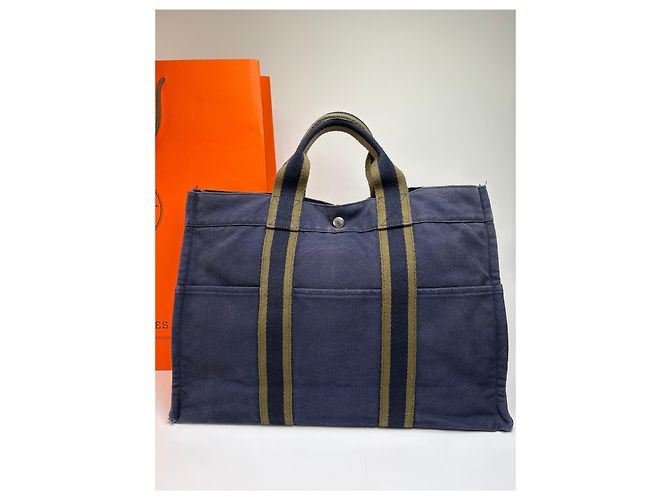 Sac cabas vintage Hermès Canvas Navy Olive Green - vue 14