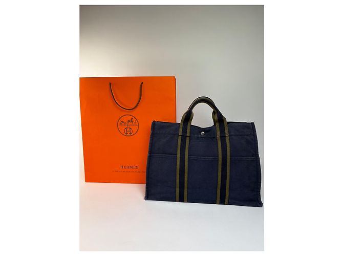 Sac cabas vintage Hermès Canvas Navy Olive Green - vue 2