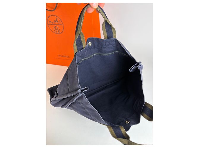 Sac cabas vintage Hermès Canvas Navy Olive Green - vue 3