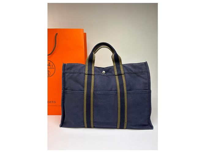 Sac cabas vintage Hermès Canvas Navy Olive Green - vue 8