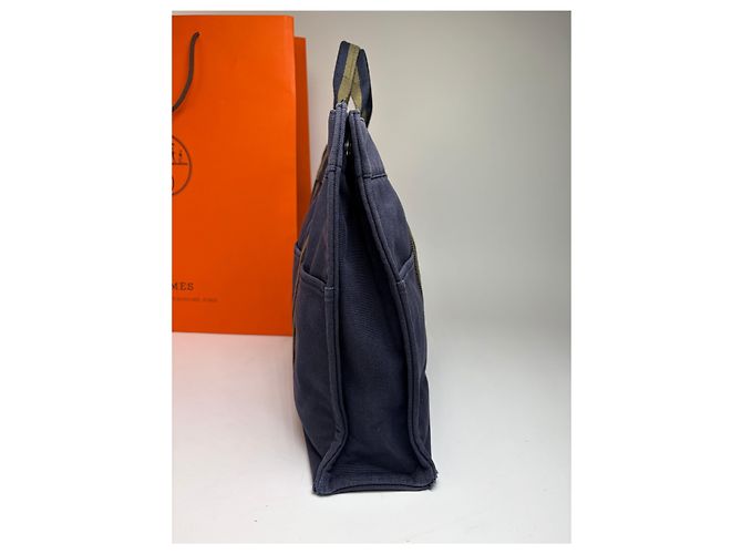 Sac cabas vintage Hermès Canvas Navy Olive Green - vue 9