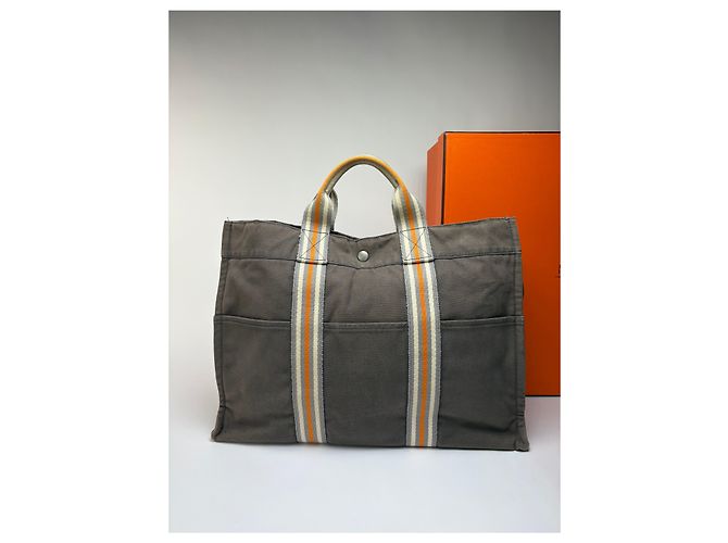 Borsa Tote Vintage Hermès Troca Canvas Fine anni 1990 Grigio Scuro Arancione - vista 8