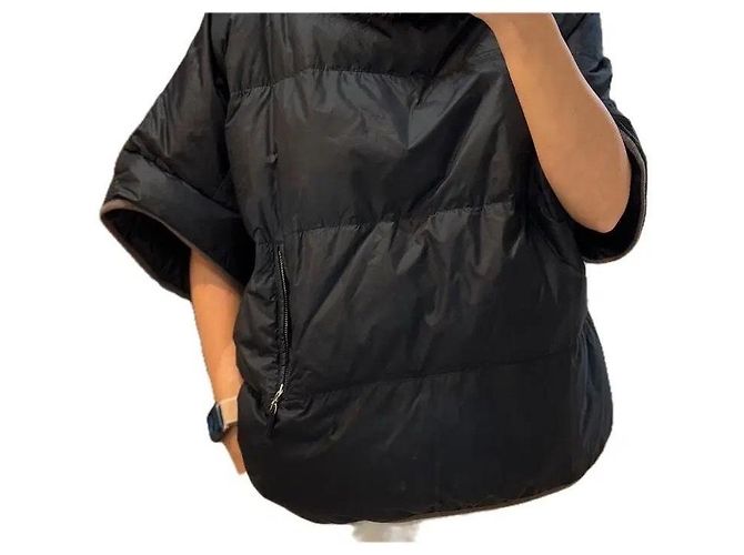 Brunello Cucinelli Black Nylon Down Poncho with Fur Collar - view 5