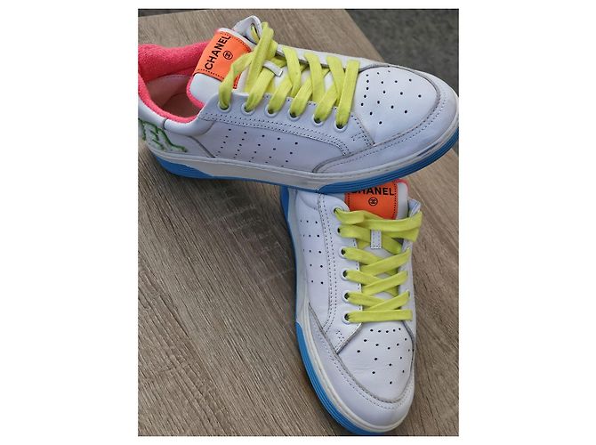 Chanel White Leather Multi-Color Sneakers - view 2
