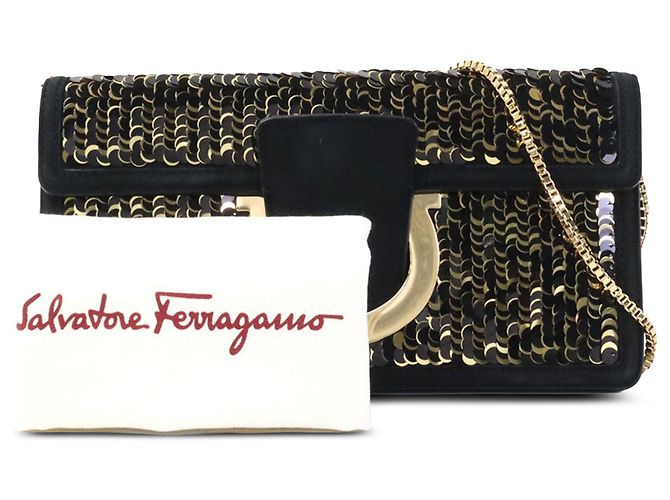 Salvatore Ferragamo Borsa a spalla Ferragamo Thalia in raso nero con paillettes e Gancini - vista 6