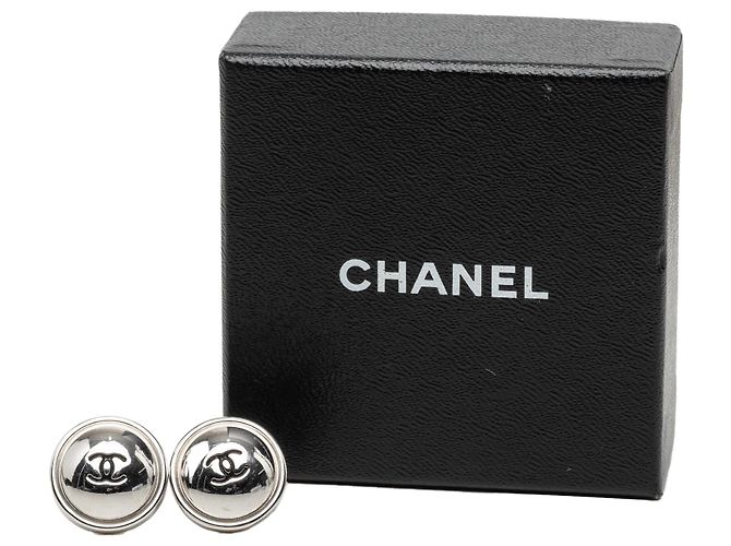 Chanel Silver CC Silver Plated Button Push Back Earrings - view 4