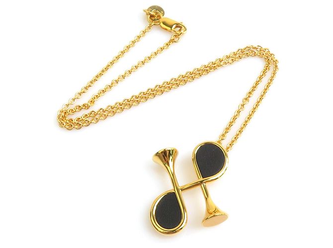 Hermès Collana in pelle nera e oro Hermes - vista 2