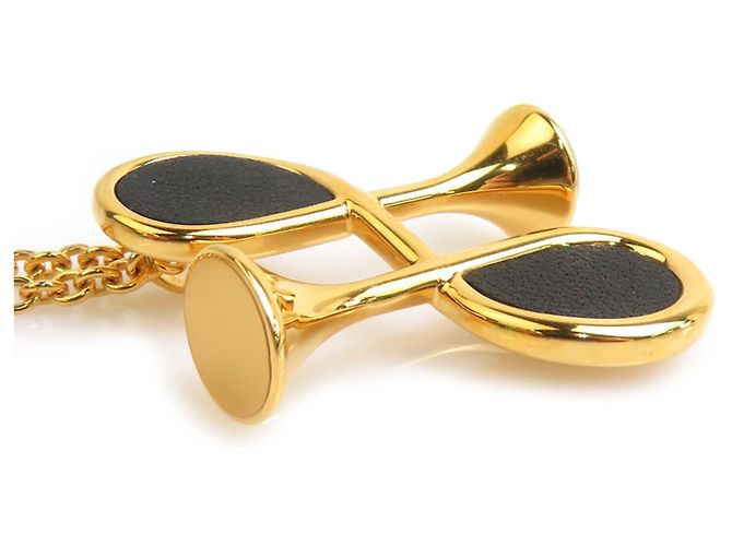 Hermès Collana in pelle nera e oro Hermes - vista 3