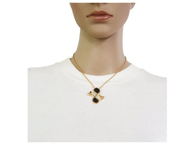 Hermès Collana in pelle nera e oro Hermes - vista 7