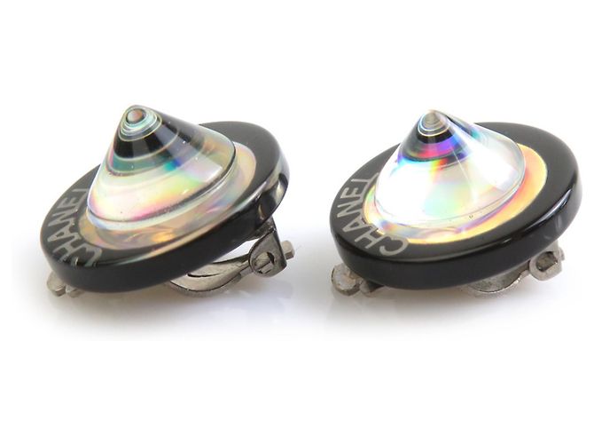 Boucles d'oreilles clips Chanel noires et argentées - vue 2