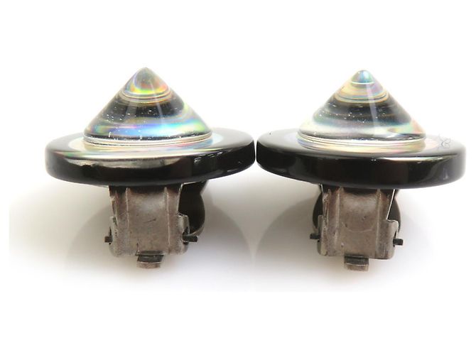 Boucles d'oreilles clips Chanel noires et argentées - vue 3