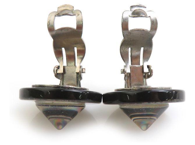 Boucles d'oreilles clips Chanel noires et argentées - vue 5