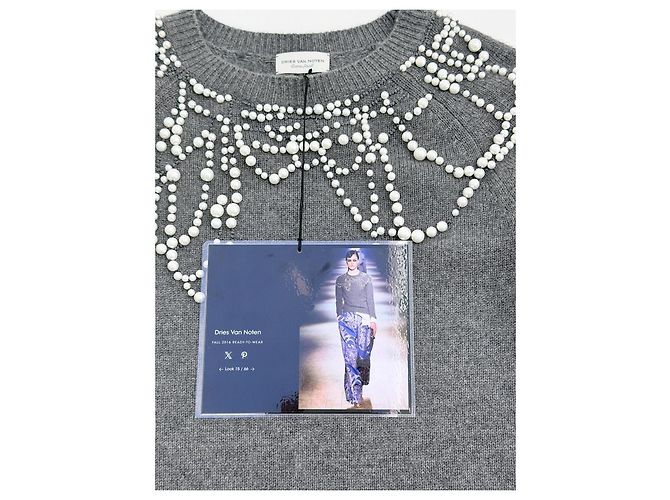 Dries Van Noten Grauer Kaschmirpullover mit Perlen - Ansicht 10