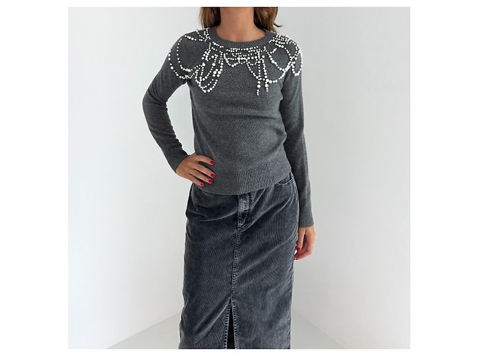 Dries Van Noten Grauer Kaschmirpullover mit Perlen - Ansicht 2
