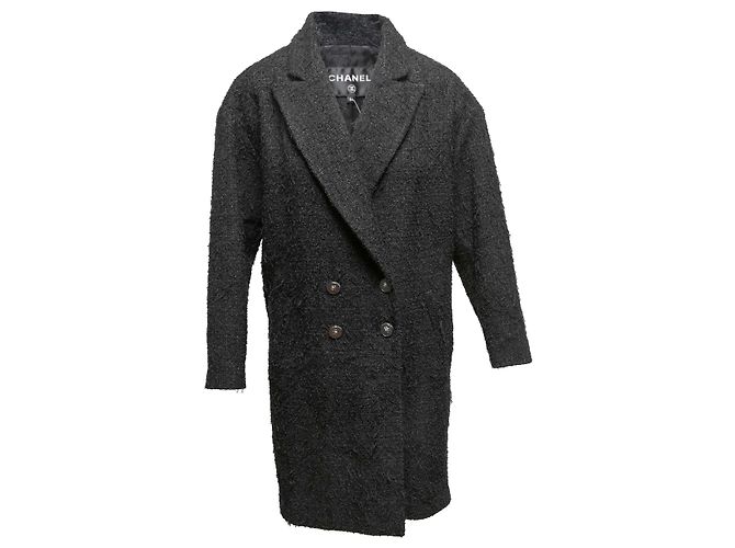 Abrigo cruzado de tweed de algodón negro Chanel Talla FR 34 - vista 2