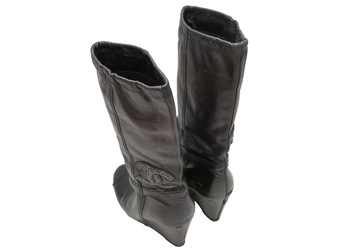 Black Chanel CC Covered Wedge Boots Size 38.5 - view 3