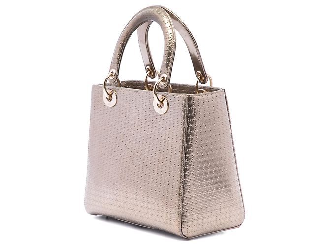 Borsa Lady Dior Medium in pelle verniciata metallizzata Gold Microcannage - vista 2