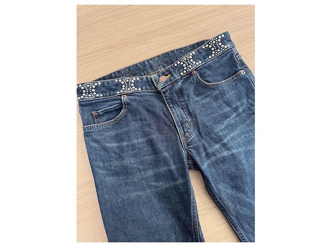 Jeans Céline in denim blu con dettagli di perline - vista 4