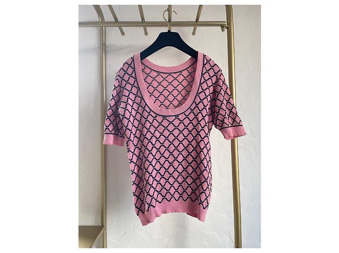 Chanel 20P Top de Algodón con Patrón de Cuadros Diamante Rosa y Blanco - vista 2