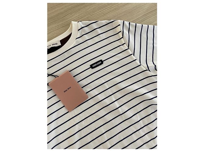 Top Miu Miu de Riscas de Algodão de Manga Curta Branco XS - vista 4