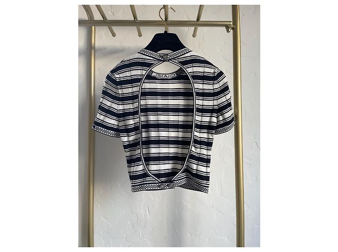 CHANEL 23C Top in seta multicolore a righe bianche e nere - vista 2