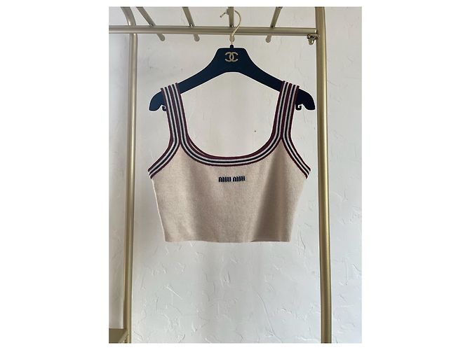 Miu Miu Gestreiftes Logo Baumwoll Tanktop Beige - Ansicht 2