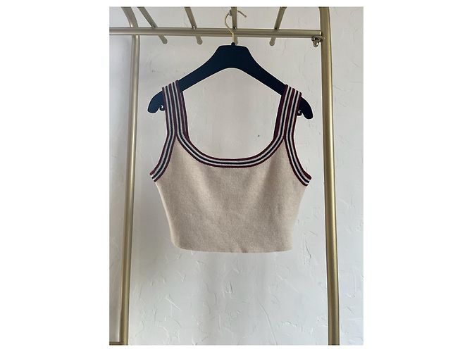 Miu Miu Gestreiftes Logo Baumwoll Tanktop Beige - Ansicht 3